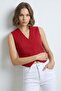 Red Women's V-Neck Buttoned Classic Woven Blazer Vest - 3