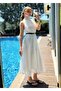 Women's self-scarf neck strap lined polka dot midi dress white