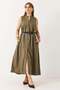 Women's High Collar A-Line Leather Belted Dress Khaki
