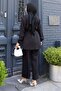Button Detailed Belted Suit Black 19296 - 4
