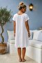 White Pool Collar Short Sleeve Buttoned Pocketed Lined Bell Bottom Skirt Casual Cotton Woven Dress 105 52 - 6