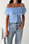 Women's Gingham Patterned Madonna Collar Crop Blouse with Ruffle Detail and Buttons - 3
