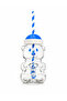 Teddy Bear Glass Cup for Cold Drinks, Frozen, Detox Cup 500 ml Blue with Details and Straw