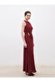 Burgundy Crew Neck Crepe Dress - 5