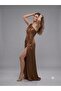 One-Shoulder Satin Look Draped Detailed Slit Evening Dress 10563 - 3