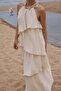 Stone Beige Long Dress with Embroidered Collar 3454