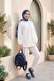 Long Back-Cut Crew Neck Top with Elasticated Sleeves and Trousers Set -White