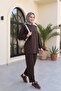 Long Back-Cut Crew Neck Top with Elasticated Sleeve Trousers Set - Dark Brown