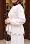 بدلة بمظهر الكتان مع أكمام مطاطية وحزام وطبقة داخلية مزخرفة - أبيض - 5