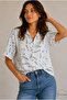 Women's Mini Green Blue Crispy Floral Look and Embroidered Bat Short Sleeve Oversize Shirt with Buttons - 2