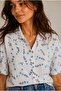 Women's Mini Green Blue Crispy Floral Look and Embroidered Bat Short Sleeve Oversize Shirt with Buttons - 3