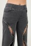 Plus Size Denim Stoned High Waist Window Detailed Wide Leg Women's Trousers - 4