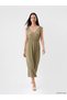 Lcwaikiki Classic Green V-Neck Textured Gathered Waist Fitted Dress