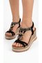 Novira Suede Shiny Colorful Stone Embellished Wooden Heel Bow Tie Natural Stone Look Ankle Elastic Tie Wedge Heel 7 cm - 3