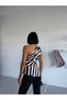 A Quality Asymmetric One-Shoulder Waist-Seat Ruffle Detail Lining Zipped Striped Satin Fabric Blouse - 2