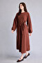 100% Cotton Crew Neck Poplin Long Sleeve Brown Midi Dress H8773Ax26Sm - 2