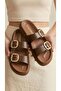 Women's Brown High Sole Double Strap Buckle Leather Slippers 4cm Byndkorda01