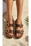 Women's Brown High Sole Double Strap Buckle Leather Slippers 4cm Byndkorda01 - 3
