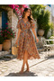 Women's Patterned Double-Breasted Collar Side-Tie Belted Midi Dress