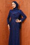 Navy Blue Lace-Up Evening Dress with Front Detail - 3