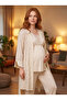 New Season Ecru Summer Design with Easy Breastfeeding Feature, Short Sleeve Woven Maternity Pajama Set, 3-Piece Set - 5