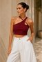 Women's Burgundy Cross Halter Neck Ribbed Crop Top with Drop Detail