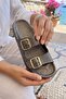 Pera Women's Double Buckle Belted Dense Glitter Detailed Lightweight Anatomical Sole Beach Pool Daily Summer Slippers