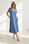 Women's Indigo V-Neck Woven Viscose Loose Dress Elb-19002245 - 3