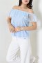 Women's Blue Gingham Patterned Blouse with Flounces and Tulle Detail İex502