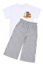 Girl's White Khaki Striped Muslin Pants and Cat Printed 2-Piece Combed Cotton Set - 2