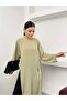 Women's Oversize High Collar Side Slit Wrinkled Textured Long Tunic Dress 9111 - Green - 3