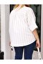 Women's Plus Size White Coffee Striped Low Short Sleeve Oversize Woven Viscose Shirt - 7