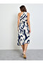 Navy Blue One Sleeve Midi Dress with Ruched Detail - 5