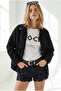 Women's Black Pocketed Zippered Long Denim Jacket with Snap Fasteners Ckt-19000258 - 5