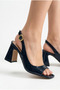 Women's Patent Leather Design Asymmetrical Strapped Blunt Toe Navy Blue Patent Leather Thick Heeled Shoes - 7