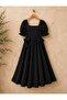 Black Square Neck Flared Poplin Dress with Side Bow