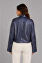 Women's Satin Look Striped Long Sleeve Oversize Shirt - Navy Blue - 4