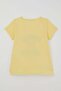 Girl's Short Sleeve T-Shirt with Embossed Flowers & Printed Text, Ages 5-10, Yellow - 2