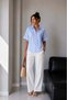1030 Women's Cotton Striped Lightly Transparent Short Sleeve Oversize Shirt Baby Blue