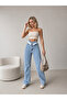 Women's Ice Blue High Waist Belt Detailed Wide Leg Jeans