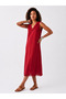 Red Pocketed V-Neck Viscose Midi Dress - 5
