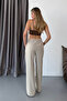 Women's Elastic Waist Double Pocket Wide Leg Pants Stone - 4057 - 5