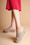 Women's Genuine Leather Perforated Wedge Heel Slippers - Beige