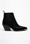 Black Matte Suede Flat Trok Detail Elastic Metal Toe Western Cowboy Short Ankle Boots - 2