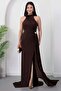 Halter Neck Draped Buckle Evening Dress Ecr5862 - 4