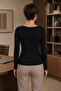 Women's Black V-Neck Long Sleeve Slim Fit Basic Blouse 2200 - 3
