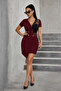 Women's Double-Breasted Collared Short Imported Crepe Dress with Waist Buckle - 2