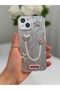 iPhone 13 / 14 Stone Case with Pearl Necklace Detail, Marbling Effect, 3D Heart and Motif Charm Cover - 7