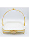 Silu White Ceramic Square Serving Tray with Ornate Golden Metal Arch Handle & Lotus Base — 10 Inch