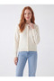 Women's Crew Neck Buttoned Ecru Knitwear Cardigan - 2